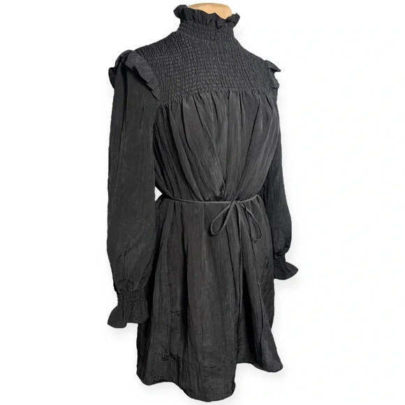 French Connection black boza crinkle dress long sleeve mock neck smocked size S - Picture 4 of 9